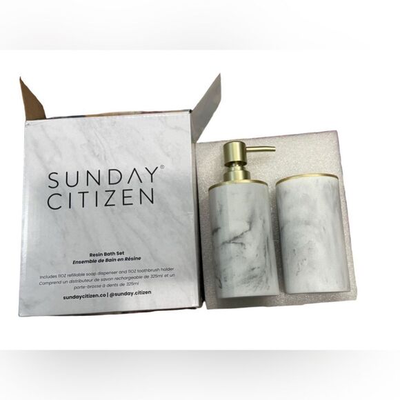 NEW Sunday Citizen Soap Dispenser and Toothbrush Holder Faux Marble gold accents - Picture 4 of 6